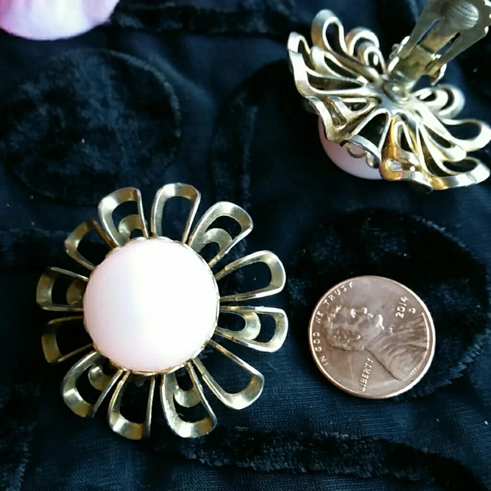 Vintage Floral Goldtone Open Works Pink Faux Pearl Earrings Clip Style